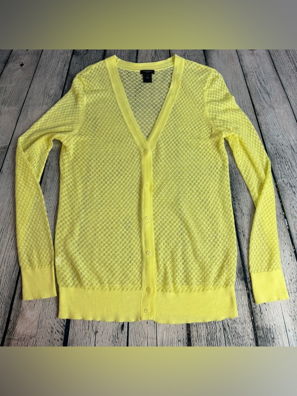 Ann Taylor Bright Yellow Breathable Knit Cardigan Ramie Nylon Button Down Size L